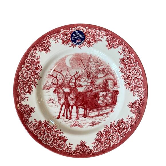 Royal Stafford Christmas SANTA'S SLEIGH RED Porcelain 11" Dinner Plate Set of 4 - Picture 1 of 12